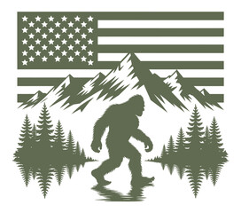 A stylized depiction of bigfoot walking before an american flag and mountains © alexpro