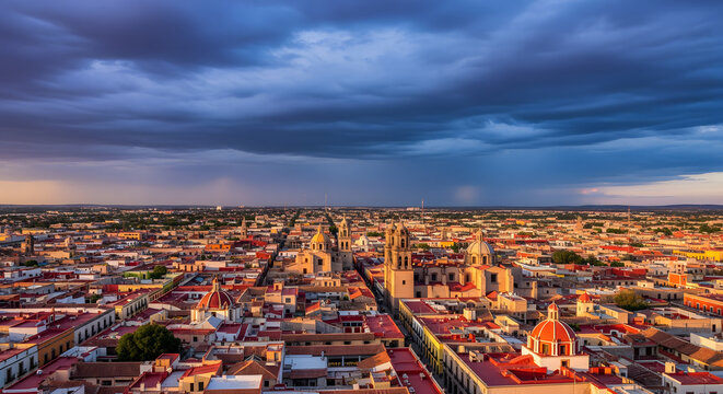 High-angle panoramic view of Queretaro, Mexico, showing colonial