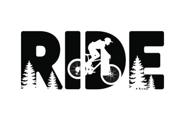 A silhouetted mountain biker integrated within the letters of the word ride