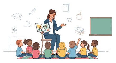 Teacher Reading Book to Engaged Children in Classroom