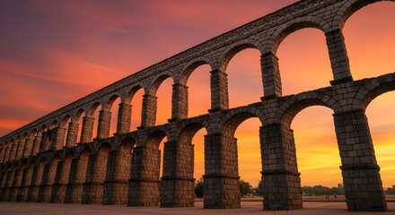 Fototapeta premium Historic stone aqueduct structure in Santiago de Quertaro, Mexic