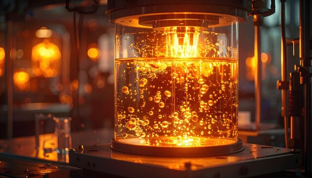 The FlyPro Firefly Automated Cell Lysis and Protein Solubilization System chamber, glowing with warm internal illumination and active bubbling, captured in photorealistic DSLR style.