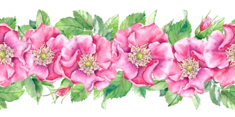 Fotobehang Tropische Bladeren Seamless horizontal border of pink rosehip flowers, buds and green leaves. Hand-drawn watercolor illustration. For printing, textiles, and gift wrapping.  © Svetlana