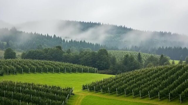 Misty Morning Over Lush Green Vineyards and Rolling Hills.