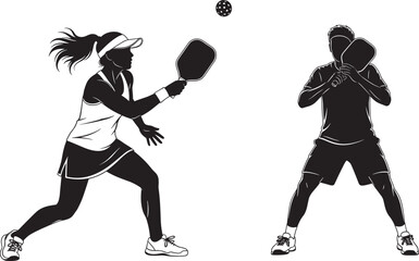 Obraz premium Silhouette illustration of two pickleball players in action with paddles and ball, capturing dynamic gameplay, sport interaction, and competitive energy in black and white