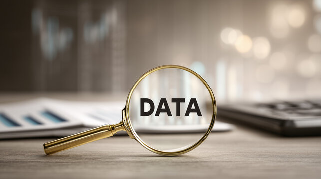 Data Insight Magnified: A magnifying glass focuses on the word DATA, symbolizing a deep dive into analytics, information and strategic decision-making in the business realm.
