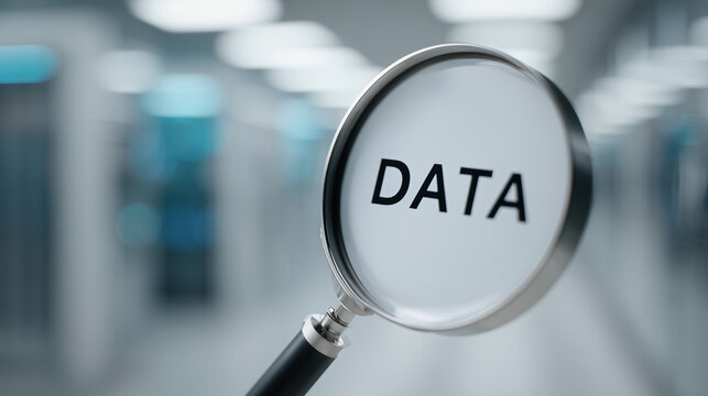 Data Insight: A magnifying glass hovers over the word DATA, symbolizing a deep dive into the information, knowledge, and analytical exploration