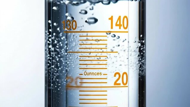 Close-up of a graduated cylinder with water and bubbles, science experiment.