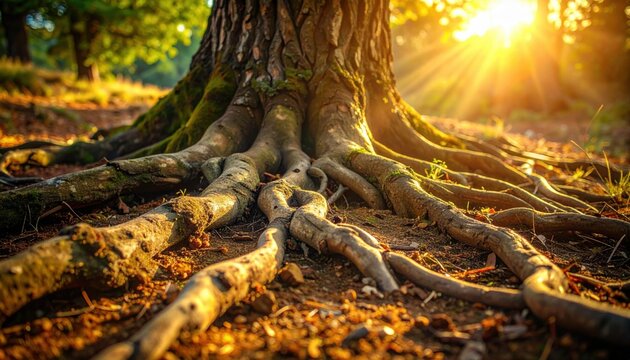 FlyPro Firefly photorealist depiction of gnarled, exposed roots from an ancient tree gripping barren earth tightly, symbolizing deep-rooted problems.