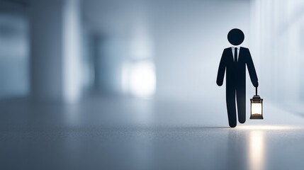 Obraz premium Illuminating The Path: A silhouette figure of a businessman strides confidently through a modern corridor, carrying a glowing lantern that symbolizes guidance and visionary leadership.