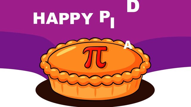 Happy Pi Day background featuring pie with pi symbol and 3.14 numbers on purple backdrop. Perfect for March 14 math celebration, STEM activities, classroom events and education themes.
