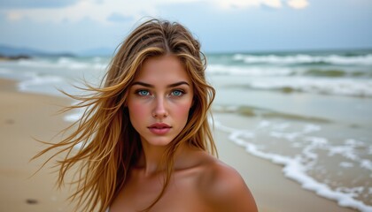 Naklejka premium flowing hair cascading over her shoulders, subtle ripples in the sand around her, and a calm, focused expression