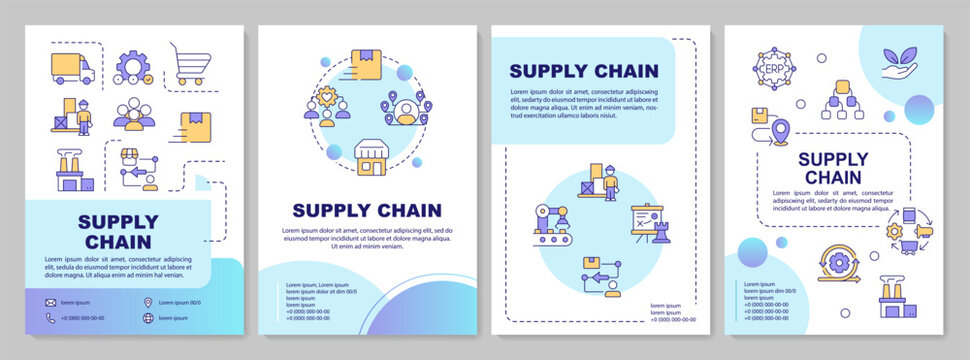 Supply chain blue gradient brochure layout. Manufacturing control, production management. Leaflet advertising design with color line icons. Editable 4 pages. Arial-Bold, Myriad Pro-Regular fonts used