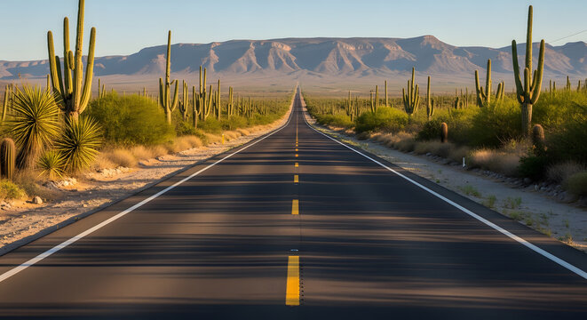 Long straight desert highway lined with tall Cardon cacti leadin