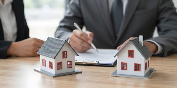 Realtor is signing a real estate contract in front of a model house on a wooden desk