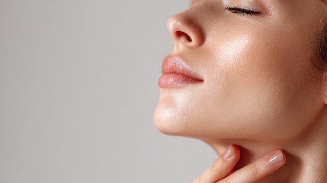 Close up side vtouchiofile of beautiful young woman with perfect glowing glass skin touching her neck. Mockup for skincare advertisement with copy space on grey background.