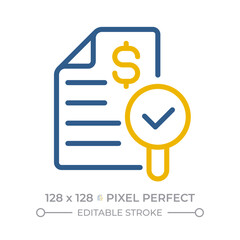 Obraz premium Financial audit pixel perfect two color line icon. Evaluation of organization statements and records. Commercial bicolor outline iconset isolated. Duotone pictograms thin linear. Editable stroke