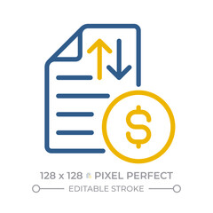 Cash flow statement pixel perfect two color line icon. Financial report summarizing finances. Earnings and payments bicolor outline iconset isolated. Duotone pictograms thin linear. Editable stroke