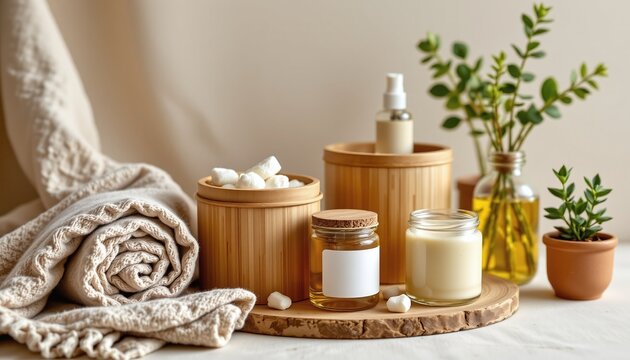 biodegradable bamboo containers, woven cotton towels in muted earth tones