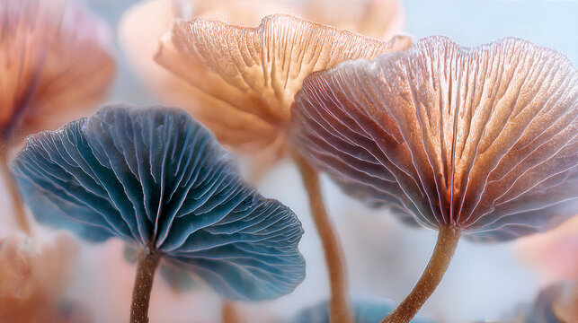 Digitally enhanced macro photo of inverted wild mushroom caps with soft peach and blue palette, clear gill details