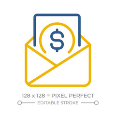 Obraz premium Payslip pixel perfect two color line icon. Envelope with dollar. Official record of payment. Document on payday bicolor outline iconset isolated. Duotone pictograms thin linear. Editable stroke