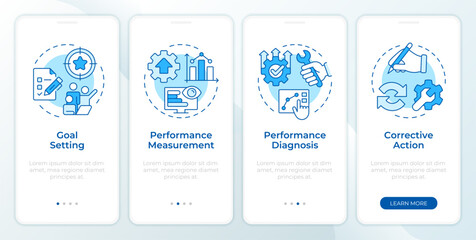 Fototapeta premium Marketing control process blue onboarding mobile app screen. Walkthrough 4 steps editable graphic instructions with linear concepts. UI, UX, GUI. Montserrat SemiBold, Regular fonts used