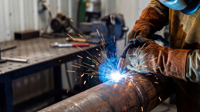Professional welder welding a steel pipeline in a workshop with sparks protective gloves and helmet and heavy machinery in background. Specialist fabricator operating industrial pipeline fabrication