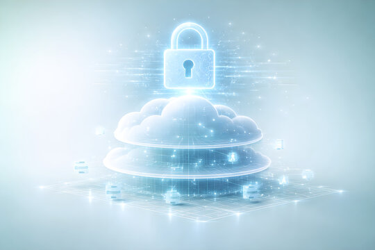 Layered Secure Cloud Architecture with Holographic Padlock Representing Encrypted Multi Tier Data Infrastructure