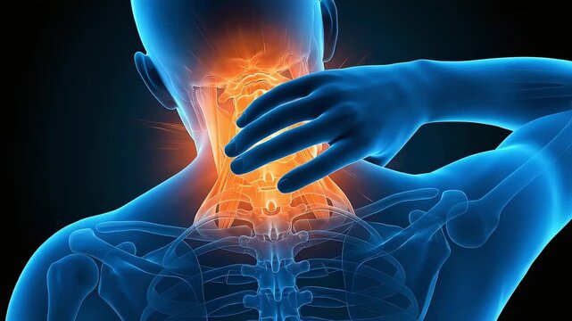 3DCG visualization of neck pain and cervical vertebrae inflammation. Explanation of cervical herniation and chronic stiffness.