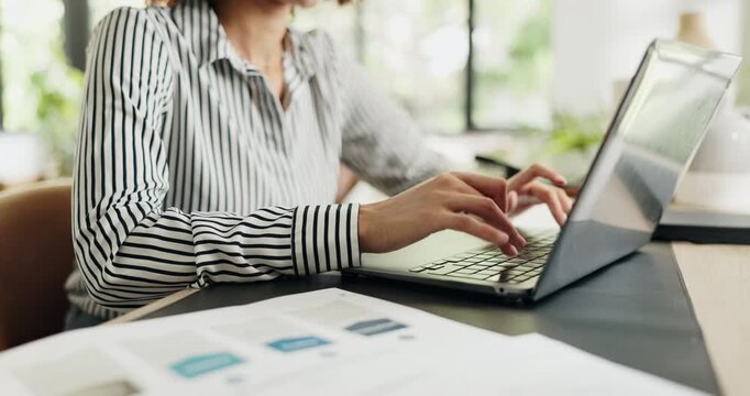 Typing, hands or laptop in home office for remote work, market research or campaign report for copywriting. Editing draft, advertising or person with action plan for brand identity, pc or freelancer