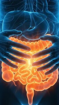3DCG visualization of intestinal inflammation and abdominal pain. Illustrating severe abdominal pain and digestive problems (for vertical video)