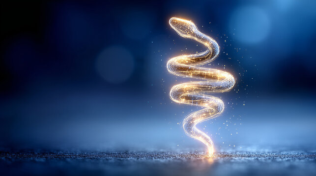 Golden Serpent: A majestic serpent glows with an ethereal, golden light, its form gracefully coiled against a dark, bokeh-filled backdrop, creating a sense of wonder and mystical energy.