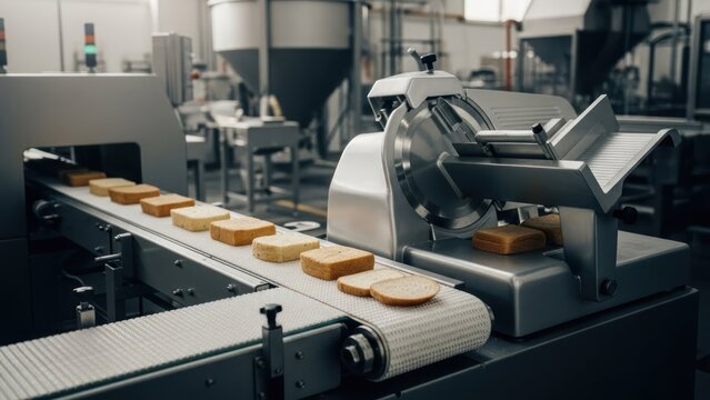 Automated bread slicer slices loaves on a conveyor belt in a factory setting