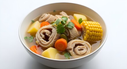 Traditional Caribbean-style tripe soup made with tender beef tripe, corn on the cob, potatoes, carrots, and aromatic herbs in a clear savory broth