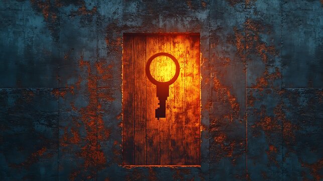 Mysterious portal door with a keyhole shape, glowing in a grunge surface
