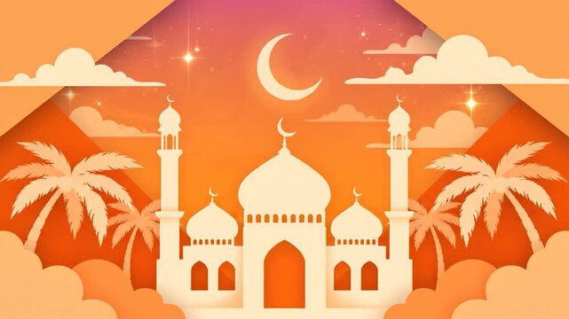 Paper-cut mosque illustration with domes, minarets, crescent moon and layered clouds, warm sunset gradient, festive decorative editorial greeting card artwork.