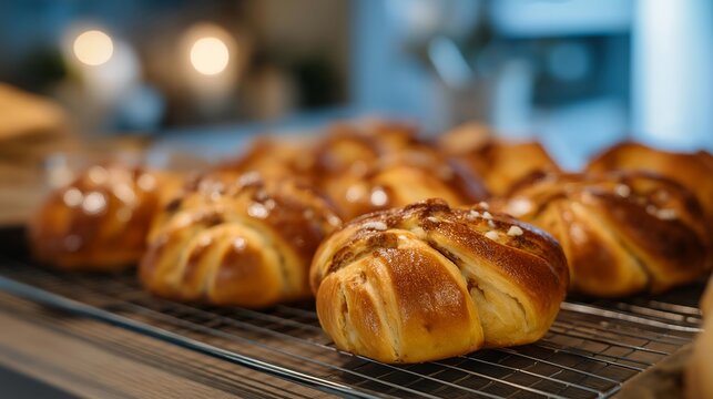 Delicate easter lamb pastries fresh from the oven, lined up on a cooling rack in a cozy kitchen. Warm inviting tones and a homely atmosphere evoke a sense of holiday warmth and culinary delight.