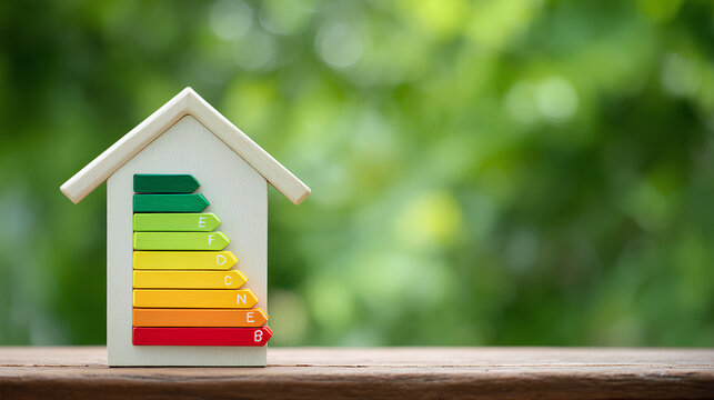 Energy efficiency level meter, Energy efficient rating class concept, Low-consumption ecological house for sustainable development concept.