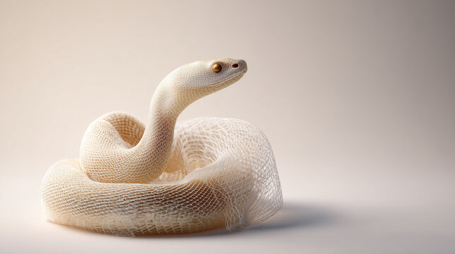 Albino Snake Serenity: An ethereal albino snake with pearly scales gracefully coils, presenting a study in contrasting tones, bathed in a soft glow of light.