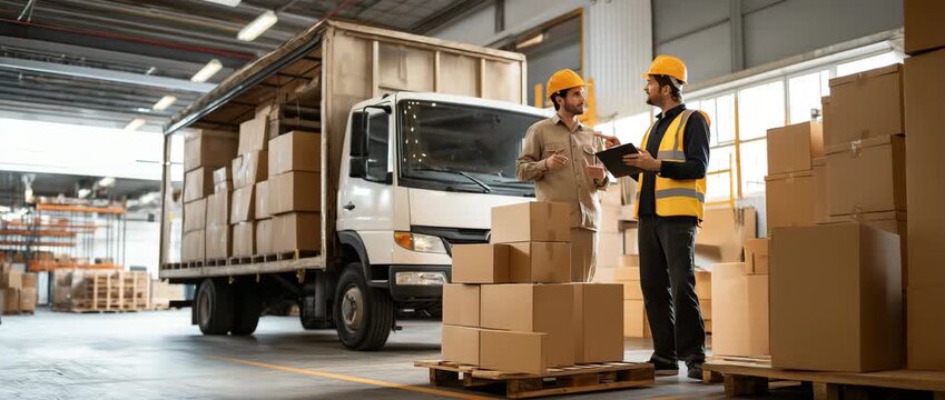 Female warehouse worker uses bar code reader while scanning packages at storage compartment.