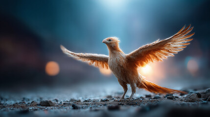 Majestic Bird: A radiant avian creature with outstretched wings stands poised, bathed in an ethereal, dreamlike light, exuding an aura of mystery and captivating beauty.