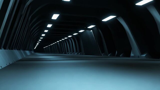 Futuristic tunnel architecture creating a perspective effect, with clean, modern design elements defining a long dark corridor lit by a series of glowing rectangular fixtures