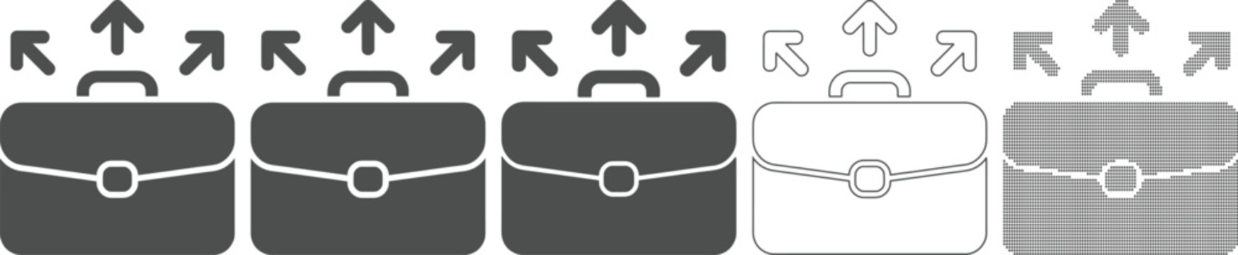 Collection of briefcase icons in various styles and arrow symbols isolated on transparent background