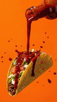 Hot sauce pouring onto crunchy taco on orange backdrop, spicy Mexican street food styling for menu advertising, bold festive Cinco de Mayo flavor mood