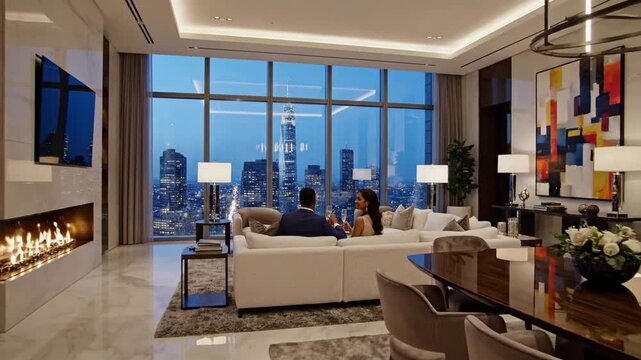 Elegant Couple Toasting Champagne in Luxury Penthouse Apartment with Stunning Cityscape View at Dusk