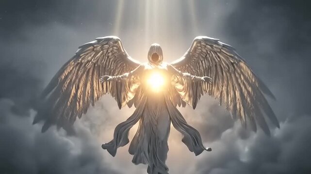 Majestic Angelic Figure with Glowing Chest and Spreading Wings in Heavenly Light.