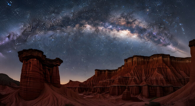 Milky Way Galaxy Arching Over Red Sandstone Desert Formations at