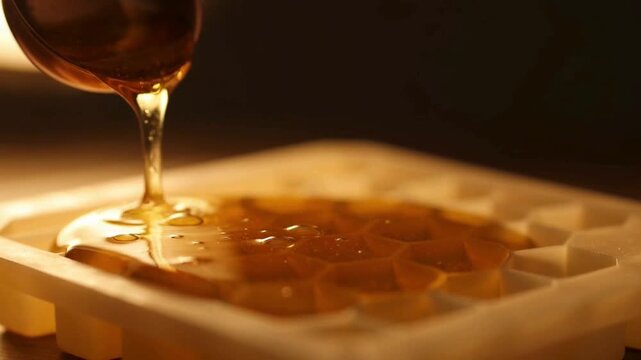 Macro Slow Motion of Golden Beeswax Poured into a Honeycomb Mold