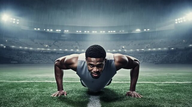 Under heavy rain, a focused black male athlete performs slow push-ups, showcasing his muscles trembling from effort on the deserted sports field. A true testament to determination and strength