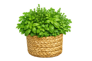Naklejka premium Fresh culinary herbs in a woven basket, providing organic seasoning, healthy eating, and home gardening concepts with transparent background